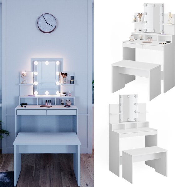 Toaletní stolek Vicco Ania Bílá 80 cm s LED osvětlením a lavicí, Model 36386