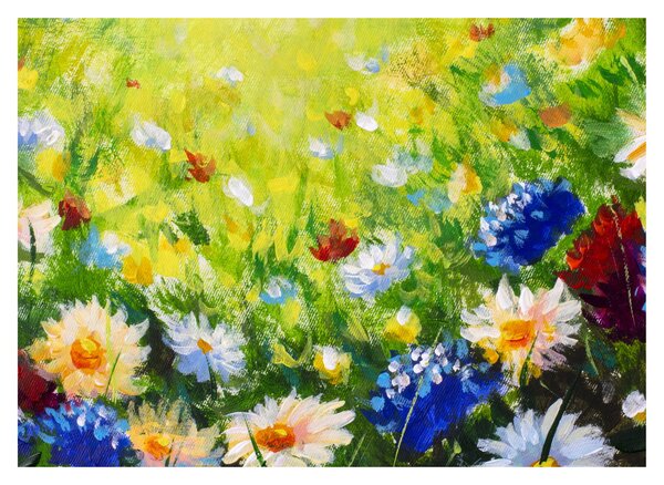 Skleněný obraz rozkvetlé louky, olejomalba (70x50 cm)