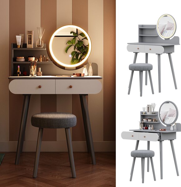 Toaletní stolek Vicco Edda Šedá 80 cm s osvětlením LED a stoličkou, Model 41499