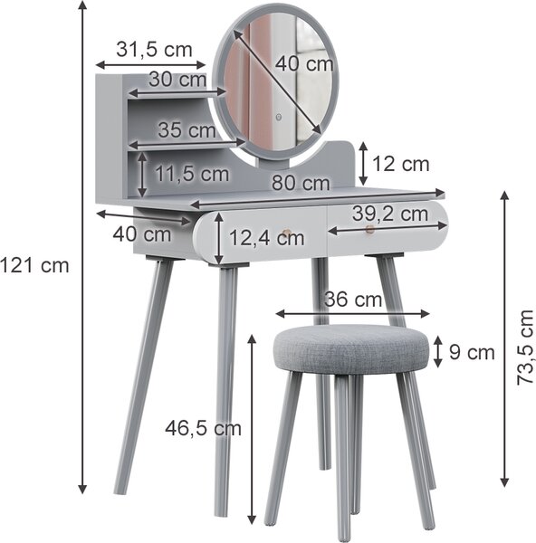Toaletní stolek Vicco Edda Šedá 80 cm s osvětlením LED a stoličkou, Model 41499