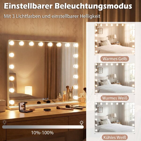 COSTWAY Hollywoodské kosmetické zrcadlo, kosmetické zrcadlo s 18 LED žárovkami, 3 barvami světla, nastavitelnou jasností a dotykovým ovládáním 80 x 60 cm