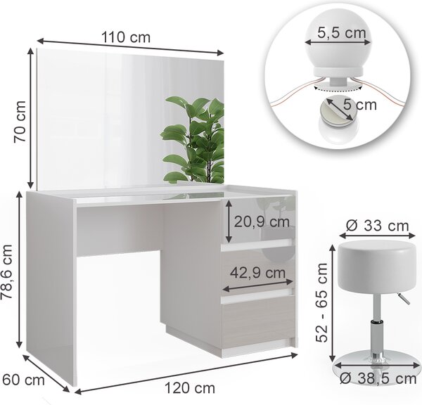 Toaletní stolek Vicco Marla Bílá vysoký lesk 120 cm se zrcadlem, stoličkou, pohádkovými světly LED, Model 51991