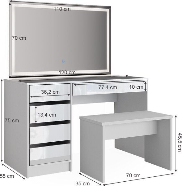 Toaletní stolek Vicco Sherry Bílá 120 cm se zrcadlem LED a lavičkou, Model 36919