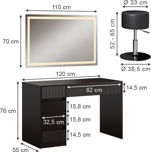 Toaletní stolek Vicco Omira Černá 120 cm se zrcadlem LED a stoličkou, Model 50170