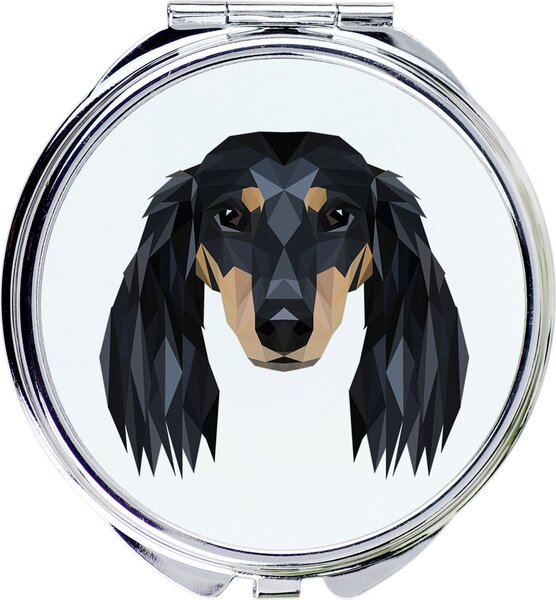 Zrcadlo s fotografií a geometrickým vzorem, určené pro majitele jezevčíků (dlouhosrstých), značky Art-Dog