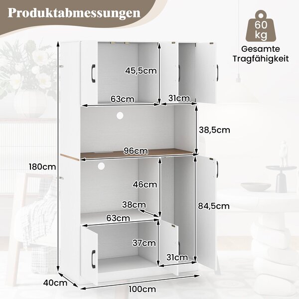 Kuchyňská skříňka COSTWAY, bufetová skříňka, vysoká skříňka se zásuvkou, dvířky a pracovní deskou, spížní skříňka, úložná skříňka, 100x40x180 cm, bílá