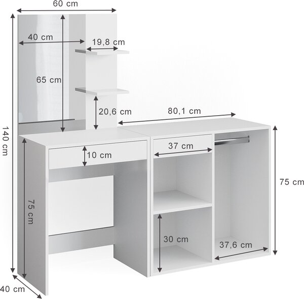 Toaletní stolek Vicco Isabelle Bílá 140 cm se skříňkou, Model 34448