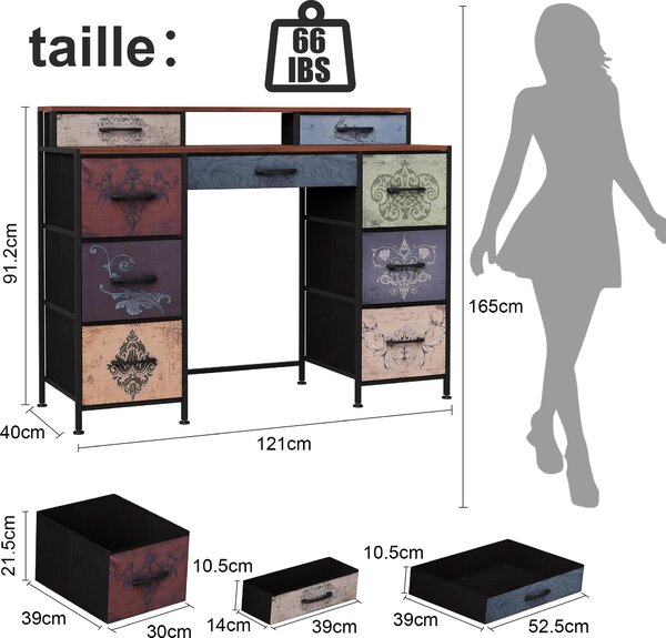 Toaletní stolek s 9 zásuvkami, velkým úložným prostorem, dřevěnou deskou, oboustranným designem, nastavitelnými nohami a pojistkou proti převrácení
