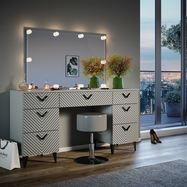 Toaletní stolek Vicco Anett Šedá 150 cm s LED osvětlením a taburetem, Model 40716