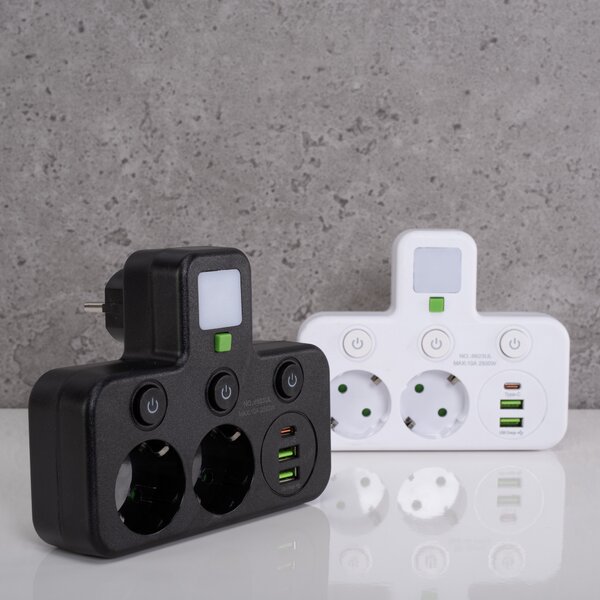 Toolight Toolight, JNH017, zásuvkový rozbočovač 2 zásuvky + 2× USB-A + USB-C s LED světlem, bílá, OSW-56309