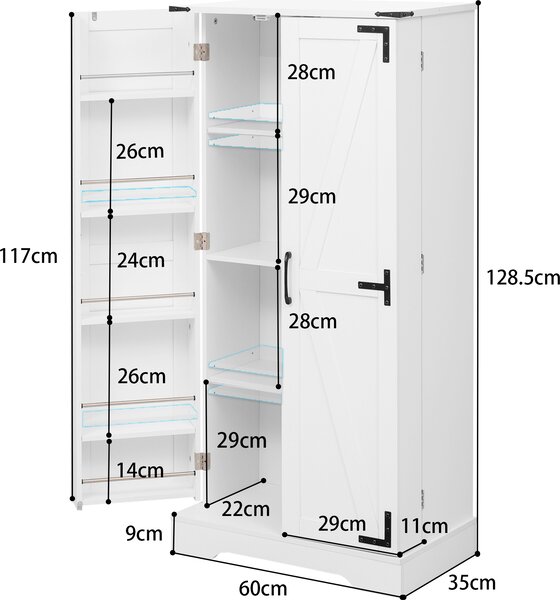 Flieks vysoká skříňka s LED 60x35x128,5 cm, kuchyňská bufetová spíž ve venkovském stylu, kuchyňská skříňka s nastavitelnými policemi, bílá