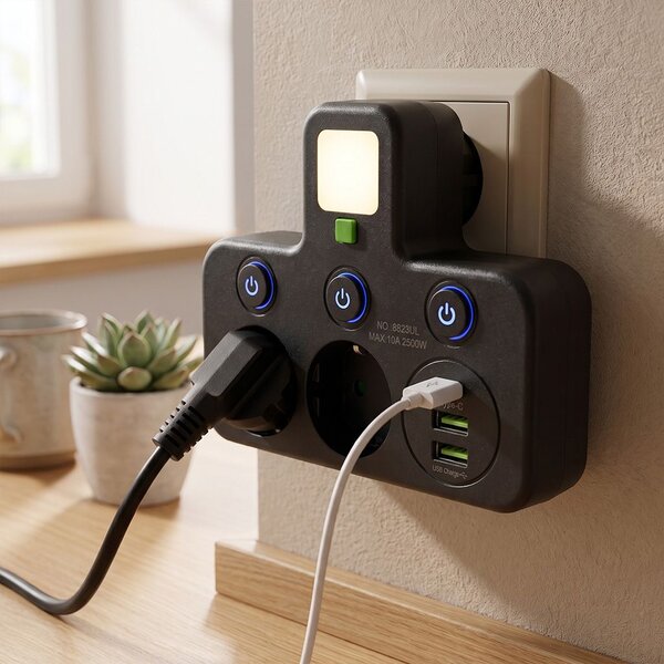 Toolight Toolight, JNH017, zásuvkový rozbočovač 2 zásuvky + 2× USB-A + USB-C s LED světlem, černá, OSW-56308