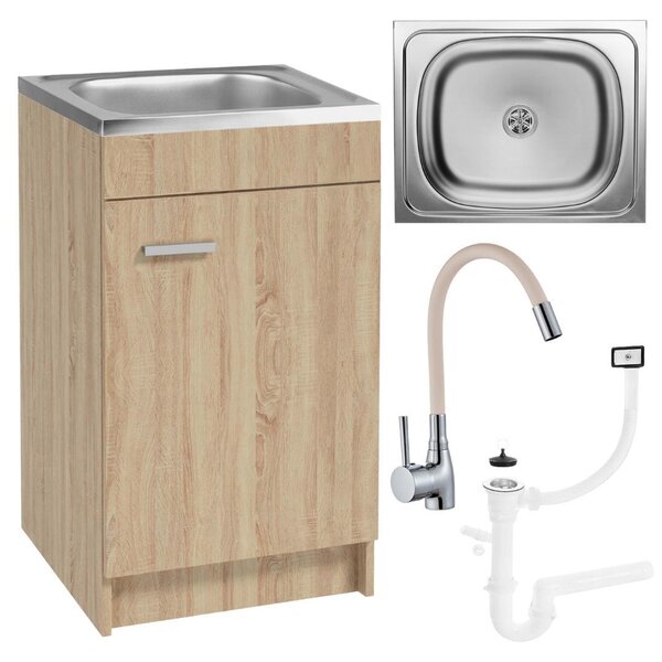 Stamar | Kuchyňská skříňka, s dřezem, dub Sonoma, 50 cm, Slim, s baterií a sifonem, click clack