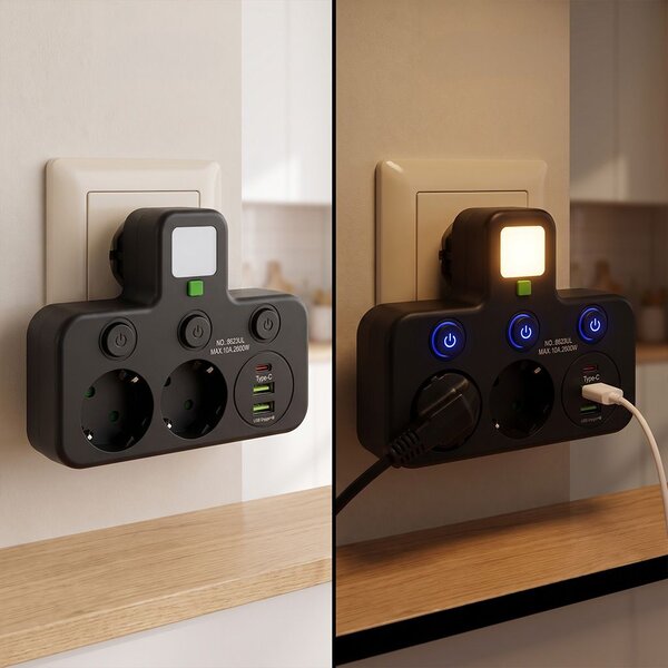 Toolight Toolight, JNH017, zásuvkový rozbočovač 2 zásuvky + 2× USB-A + USB-C s LED světlem, černá, OSW-56308