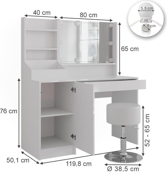 Toaletní stolek Vicco Sherry Bílá/bílý vysoký lesk 119.8 cm 5 dílů, Model 57619