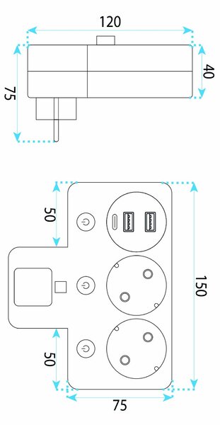 Toolight Toolight, JNH017, zásuvkový rozbočovač 2 zásuvky + 2× USB-A + USB-C s LED světlem, černá, OSW-56308