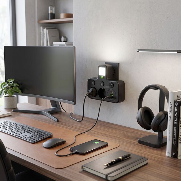 Toolight Toolight, JNH017, zásuvkový rozbočovač 2 zásuvky + 2× USB-A + USB-C s LED světlem, černá, OSW-56308