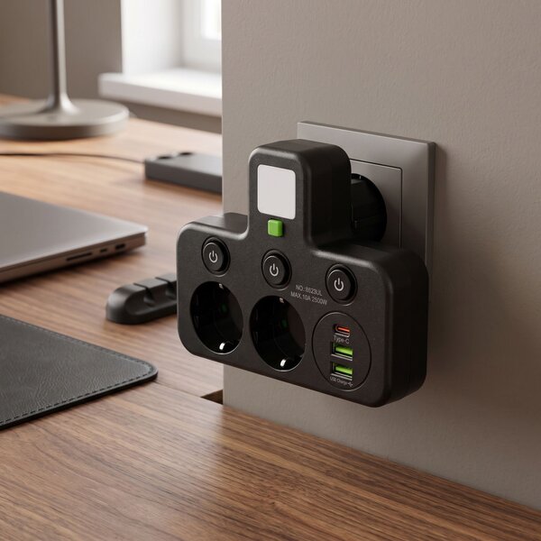 Toolight Toolight, JNH017, zásuvkový rozbočovač 2 zásuvky + 2× USB-A + USB-C s LED světlem, černá, OSW-56308