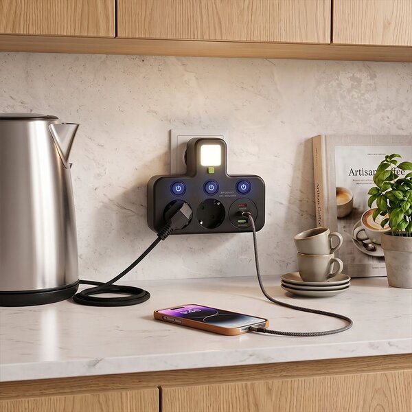 Toolight Toolight, JNH017, zásuvkový rozbočovač 2 zásuvky + 2× USB-A + USB-C s LED světlem, černá, OSW-56308
