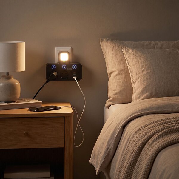 Toolight Toolight, JNH017, zásuvkový rozbočovač 2 zásuvky + 2× USB-A + USB-C s LED světlem, černá, OSW-56308