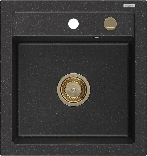 Mexen Vito, granitový dřez 520x490x210 mm, 1-komorový, černá-stříbrná metalíza se zlatým sifonem, 6503521000-73-G