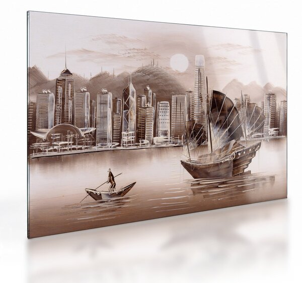Skleněný obraz - Victoria Harbor, Hong Kong, sépiový efekt (70x50 cm)