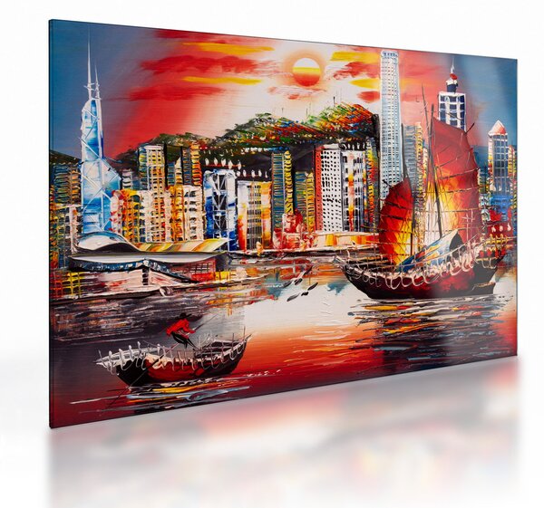 Skleněný obraz - Victoria Harbor, Hong Kong, olejomalba (70x50 cm)