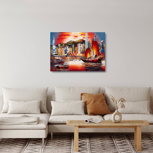 Skleněný obraz - Victoria Harbor, Hong Kong, olejomalba (70x50 cm)