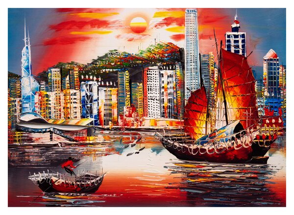 Skleněný obraz - Victoria Harbor, Hong Kong, olejomalba (70x50 cm)