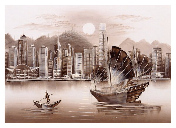 Skleněný obraz - Victoria Harbor, Hong Kong, sépiový efekt (70x50 cm)