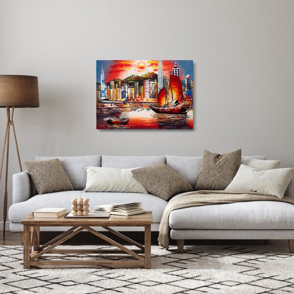 Skleněný obraz - Victoria Harbor, Hong Kong, olejomalba (70x50 cm)