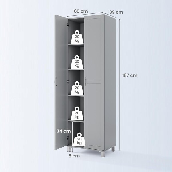 COSTWAY vysoká kuchyňská skříň, 187 cm, spížová skříň se 2 dvířky a nastavitelnou policí, moderní víceúčelová skříň, vysoká skříň, bufetová skříň, šedá