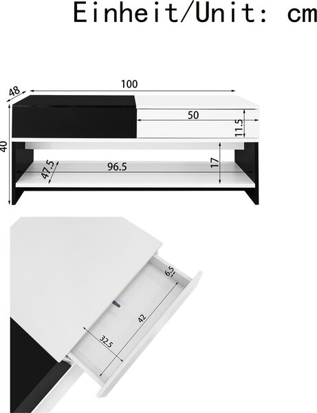 Konferenční stolek Fortuna Lai se 2 zásuvkami - černobílý design, úložný prostor, lesklá horní deska, 100 cm