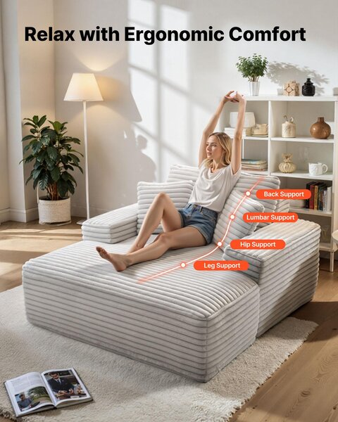 VEVOR chaise longue recliner 138cm, čalouněná rozkládací pohovka s dekorativními polštáři a područkami, rozkládací pohovka s hlubokým sedákem do obývacího pokoje ložnice, lounge křeslo z vysoce elastické houby béžové barvy