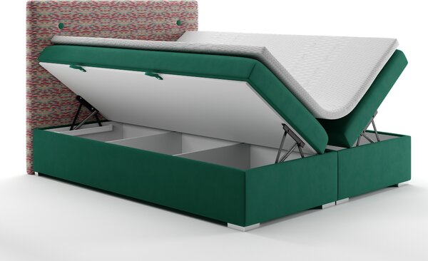 Boxspring postel 140 cm Grini (smaragdová + vícebarevné) (s úložným prostorem)