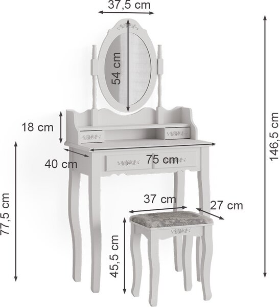 Toaletní stolek Vicco Meghan Bílá 75 cm se stoličkou, Model 39601