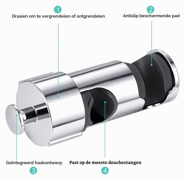 Nastavitelný držák ruční sprchy, bez nutnosti vrtání, pro sprchové tyče o průměru 15-27 mm