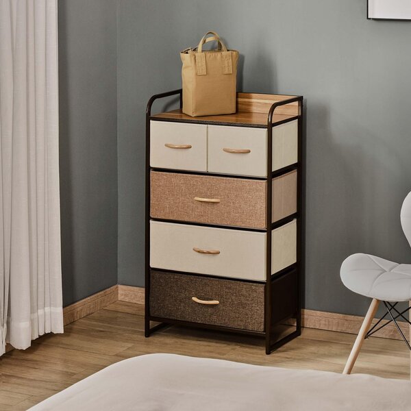 Komoda Sweiko s 5 skládacími zásuvkami z látky, policí a robustním ocelovým rámem, rozměry 58 x 29 x 99 cm