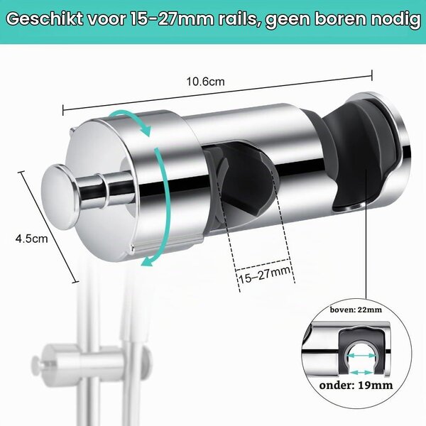 Nastavitelný držák ruční sprchy, bez nutnosti vrtání, pro sprchové tyče o průměru 15-27 mm