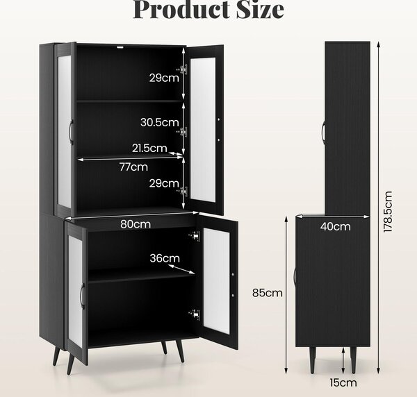 Kuchyňská skříňka COSTWAY 178,5 cm, kuchyňský regál se 4 průhlednými dvířky a nastavitelnou policí, bufetová skříňka, stojící police, vysoká skříňka, černá barva