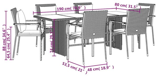 7dílný zahradní jídelní set s poduškami černý polyratan 3213490