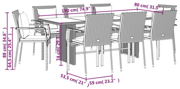 9dílný zahradní jídelní set s poduškami černý polyratan 3213499
