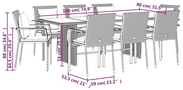 9dílný zahradní jídelní set s poduškami černý polyratan 3213491
