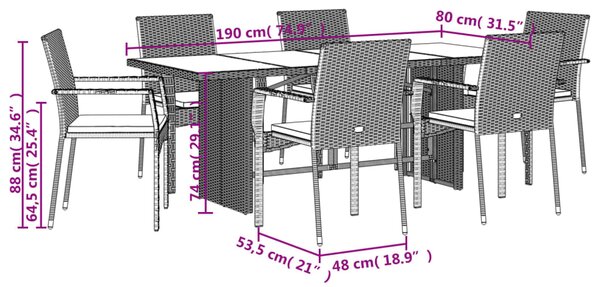 7dílný zahradní jídelní set s poduškami černý polyratan 3213494