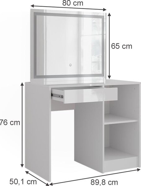 Toaletní stolek Vicco Sherry Bílá/bílý vysoký lesk 89.8 cm s LED zrcadlem, Model 57682
