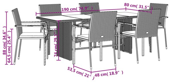 7dílný zahradní jídelní set s poduškami šedý polyratan 3213496