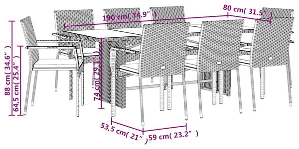 9dílný zahradní jídelní set s poduškami černý polyratan 3213495