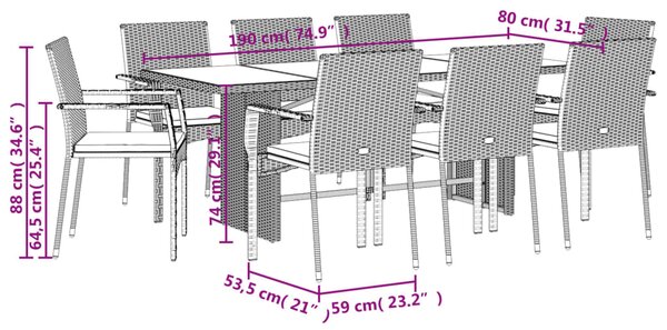9dílný zahradní jídelní set s poduškami šedý polyratan 3213505