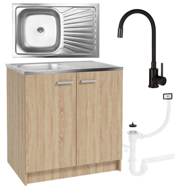 Kuchyňská linka Sonoma dub 80x50 cm s dřezem a flexibilní černou baterií Deante