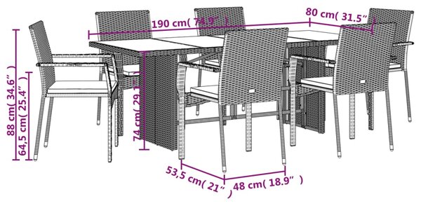 7dílný zahradní jídelní set s poduškami šedý polyratan 3213504